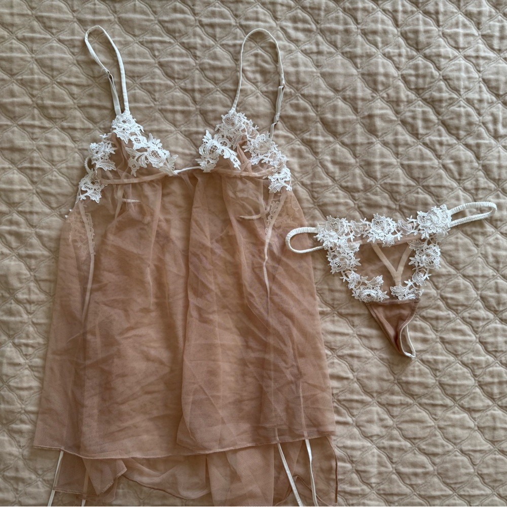 Victoria's Secret Sheer Nude Chemise with White Floral Lace